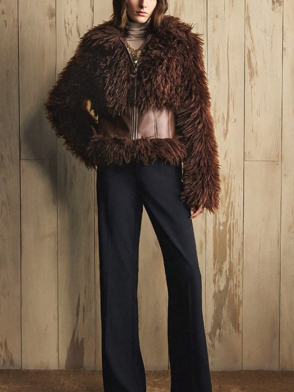 Brown Casual Women's Regular Fit Long Zipper Patchwork Faux Fur Short Jacket - Picture 5 of 8